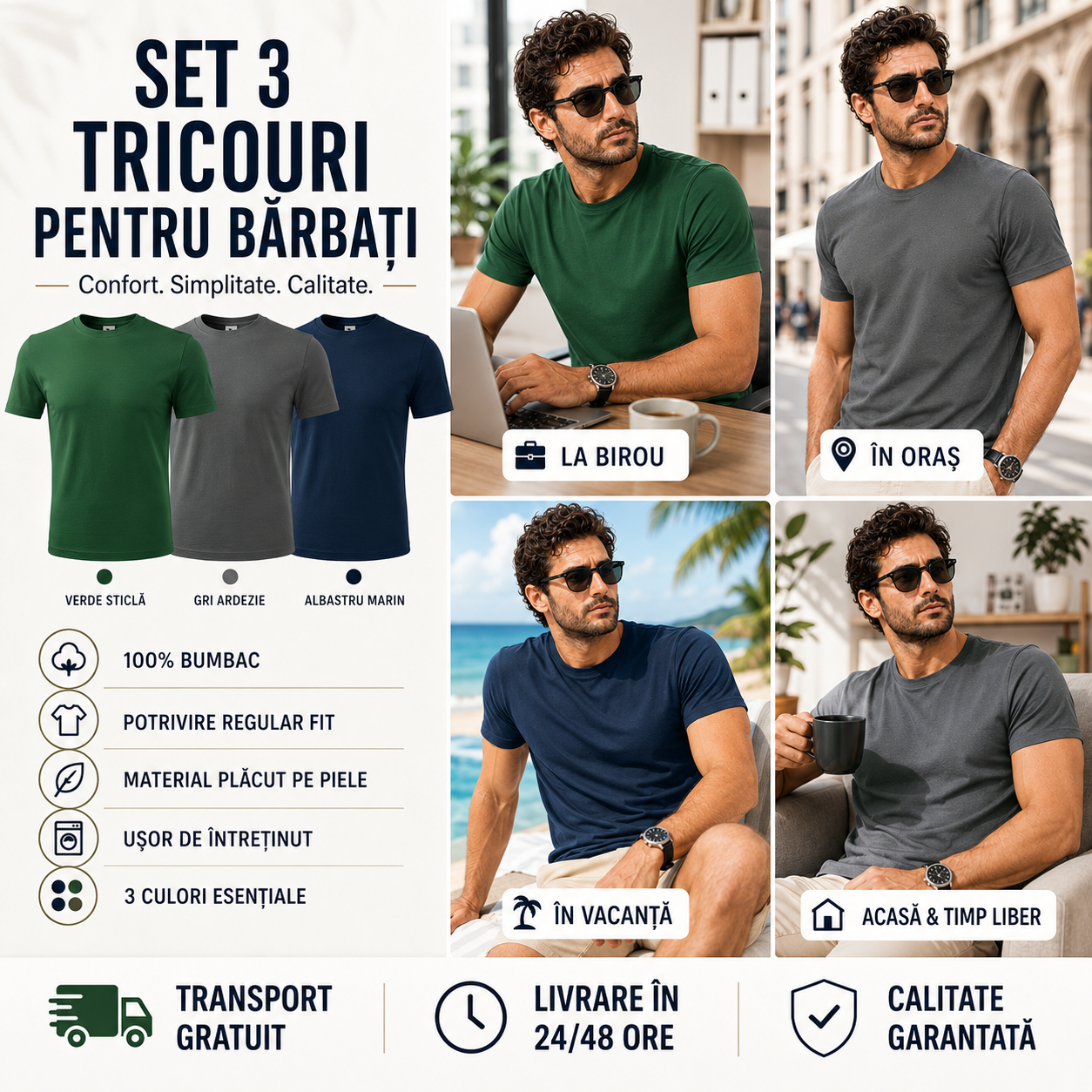 Set 3 tricouri bărbați 100% bumbac regular fit gri ardezie albastru marin și verde model 132